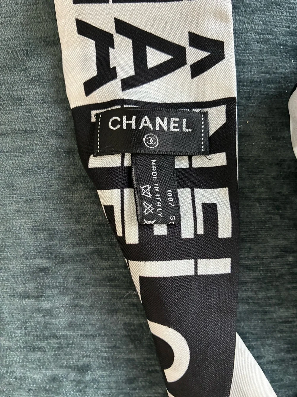 CHANEL Black and White Logo Silk Twilly Bandeau